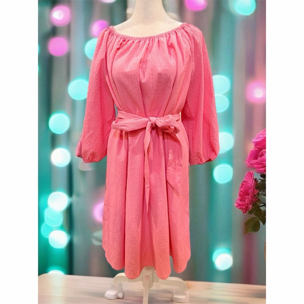 Elizabeth and James Dress Womens L Pink Off Shoulder Tie Waist Short 3/4